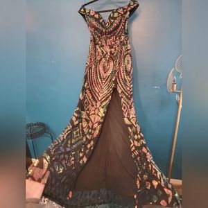 Full-length, off the shoulder, iridescent, sequin dress.  Size large.